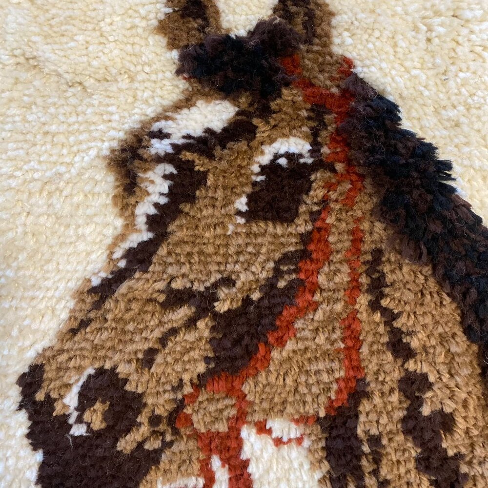Vintage 1970s Latch Hook Wall Hanging Equestrian Horse Art Retro Textile Decor